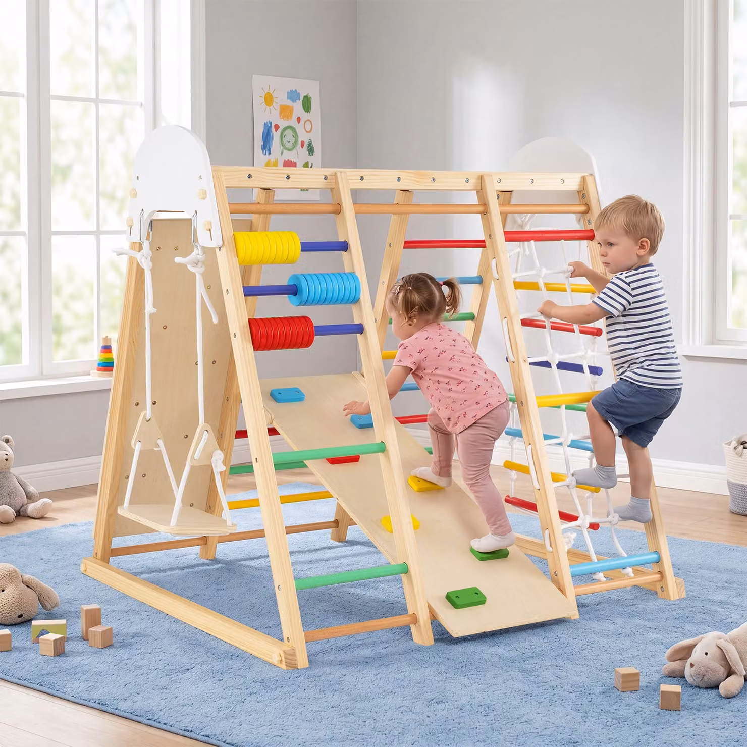 Costway Castello Parco Giochi 8 in 1 Pieghevole da Interno Multicolore con Altalena e Scala Montessori per Bambini