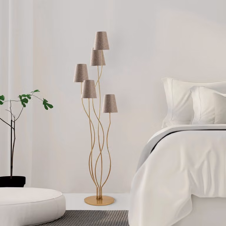 Opviq, lampada da terra di alta qualità, struttura in metallo, oro e beige, 44 x 44 x 160 cm | Paralume in tessuto Ø 14 cm, altezza 16 cm | 5 x E14 max 40 W, design moderno per la casa e gli hotel.