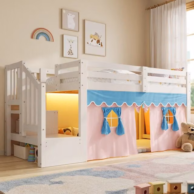 Letto a soppalco 90x200 cm con tenda oscurante; LED e spazio aperto in MDF e legno bianco