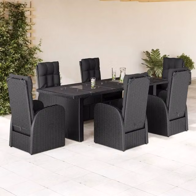 Set da Pranzo da Giardino Moderno vidaXL in Polyrattan Nero con Piano in Vetro e 7 Sedute