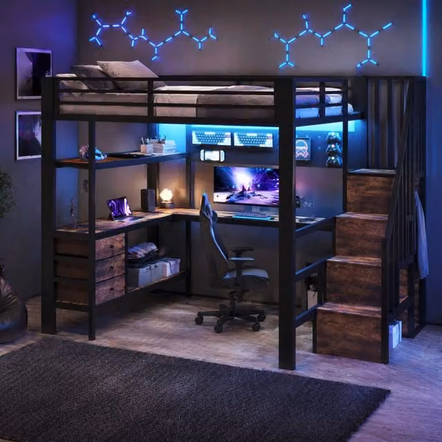 Letto a soppalco 140 × 200 cm con scrivania, 3 cassetti, pannello forato, LED e presa, senza materasso, nero