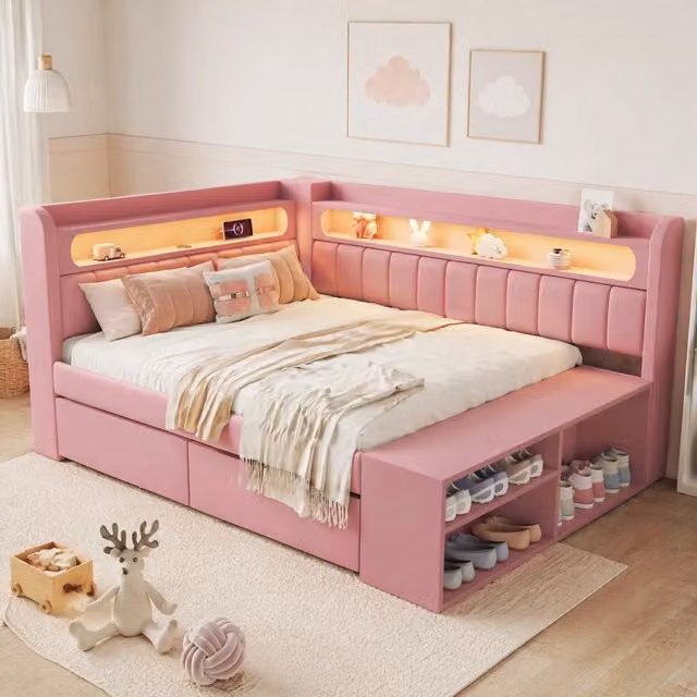Divano letto imbottito 90x200 cm con USB; LED; 2 cassetti e scarpiera; rosa