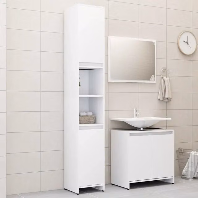 Set di mobili da bagno moderno vidaXL in 3 pezzi bianco opaco in MDF con armadietto alto, mobile lavabo e armadietto con specchio