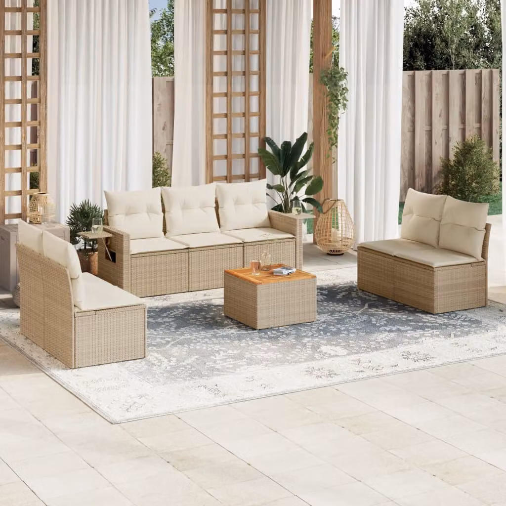 vidaXL Set Divano da Giardino 8 pz in Polyrattan con Cuscini Beige e Tavolino da Esterno – 1
