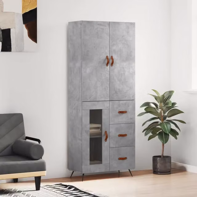 Credenza moderna vidaXL in legno, metallo e vetro, colore grigio, L: 69,5 cm, P: 34 cm, H: 180 cm – 1