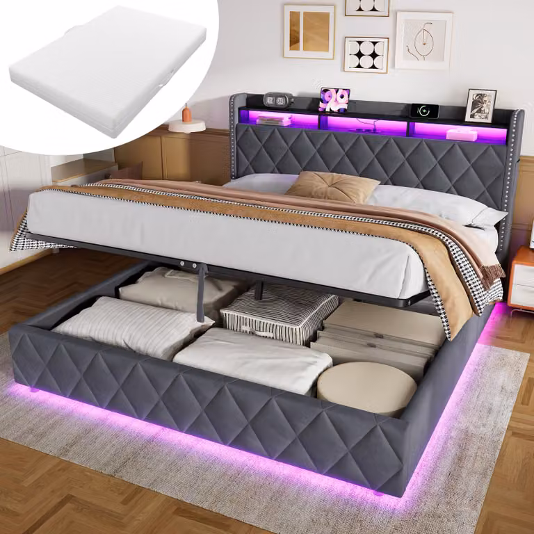 Letto imbottito MODFU, 180 × 200 cm, in velluto, con materasso. Letto matrimoniale con spazio contenitore idraulico. Letto multifunzionale, ideale per ragazzi, con illuminazione a LED e testiera a forma di rombo, colore grigio