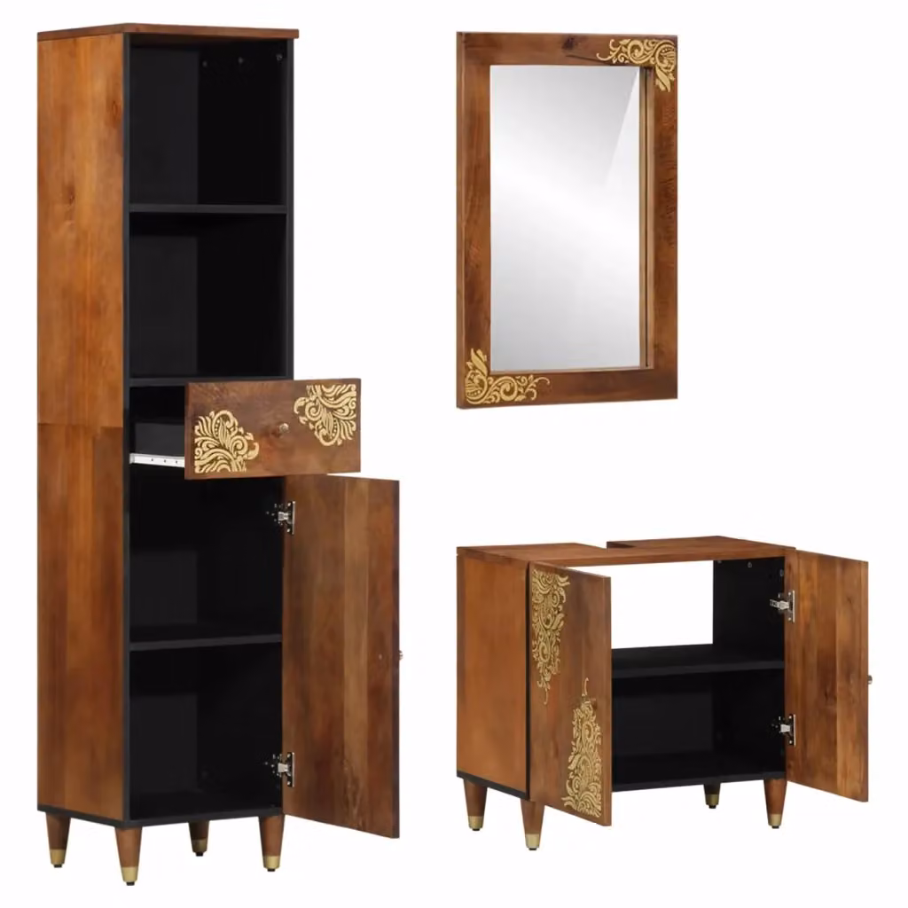 Set di mobili da bagno vidaXL in stile rustico composto da mobile lavabo, colonna alta e armadietto con specchio, colore marrone e oro – 2