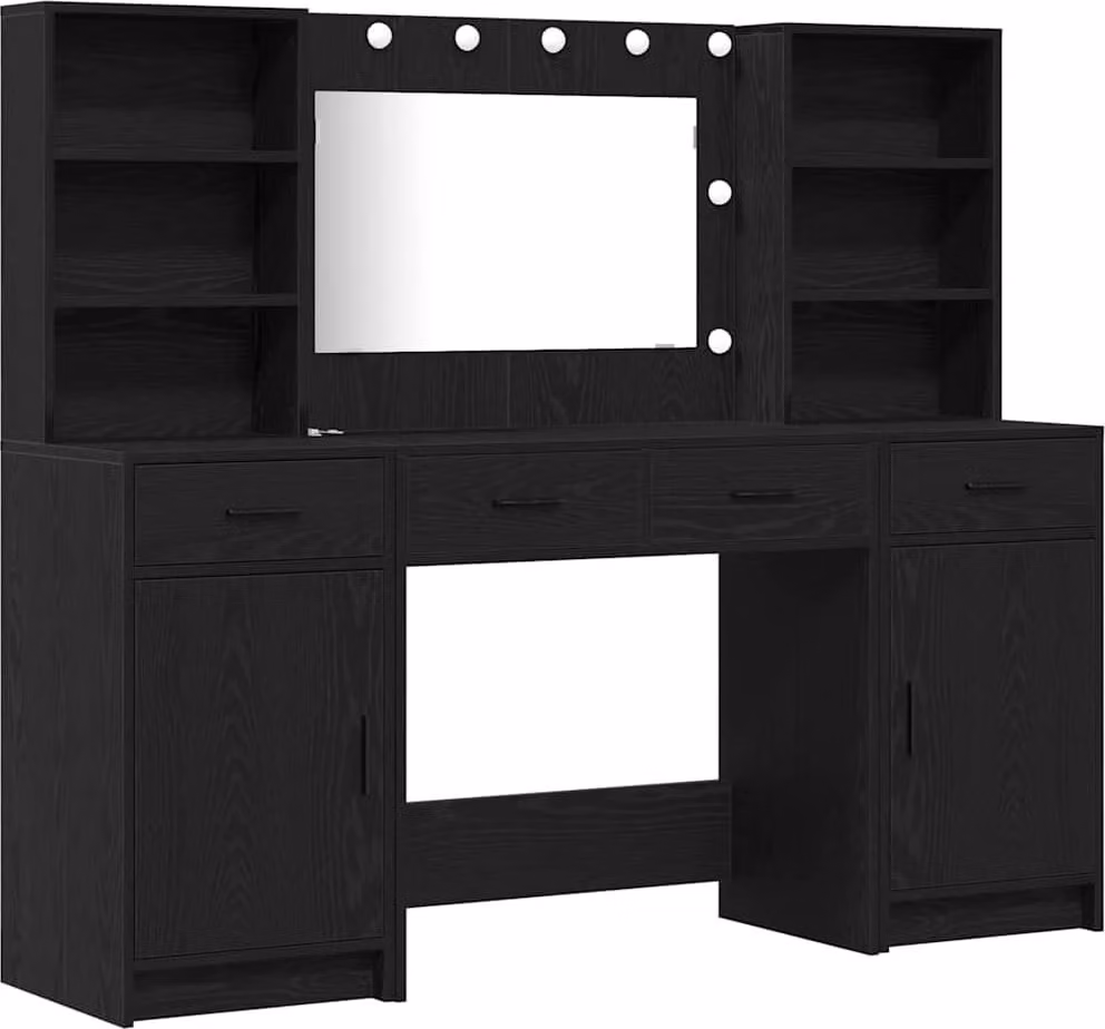 Set da tavolo da trucco con LED con cassetto 3 pcs Rovere Nero