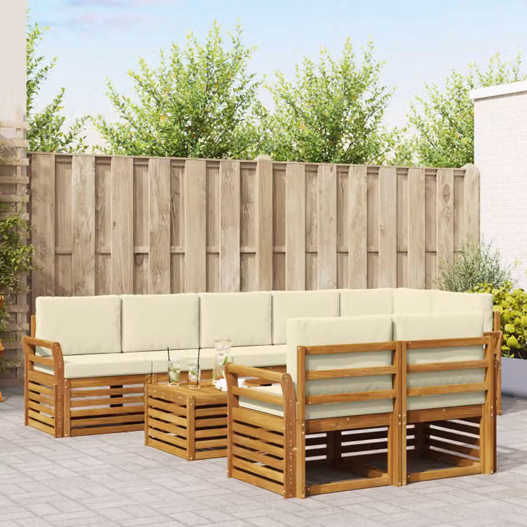 Set di divani da esterno vidaXL 9 pezzi in legno di acacia con cuscini beige e bianco per giardino e terrazza