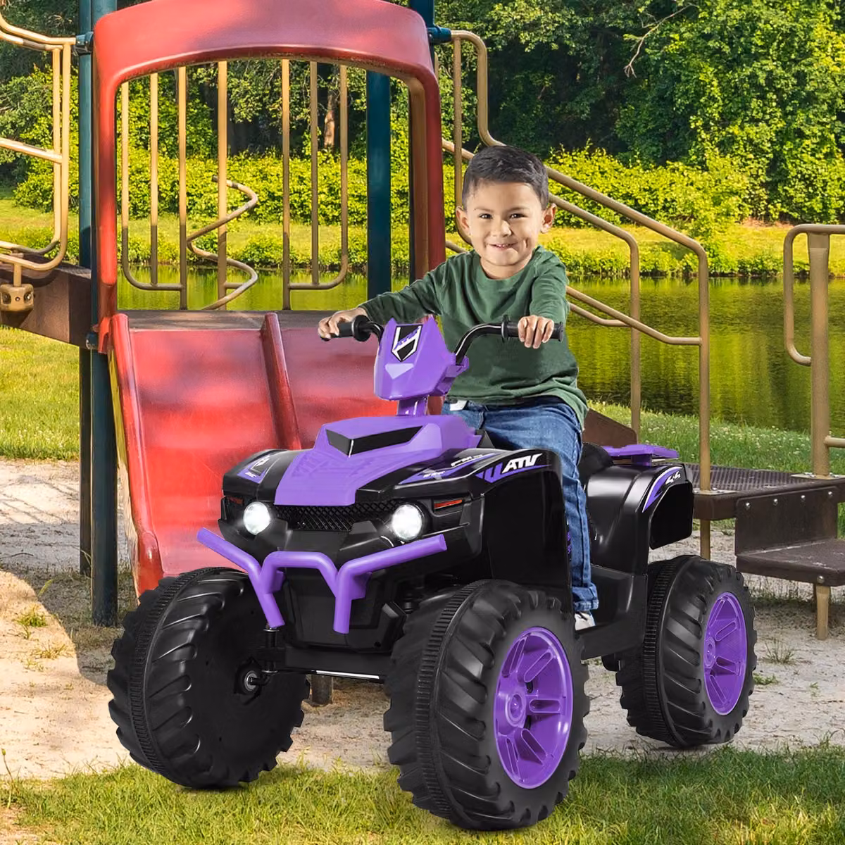 Costway Quad elettrico ATV 12V per bambini con musica e luci LED, quad a batteria con sedile comodo, Viola, L: 104 cm, P: 67 cm, H: 74 cm
