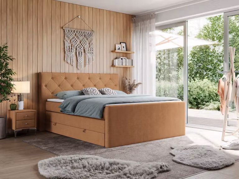 Letto matrimoniale con materasso Multipocket e coprimaterasso, letto boxspring con cassetti - KING VELEN - 120x200 cm - Arancione - H3