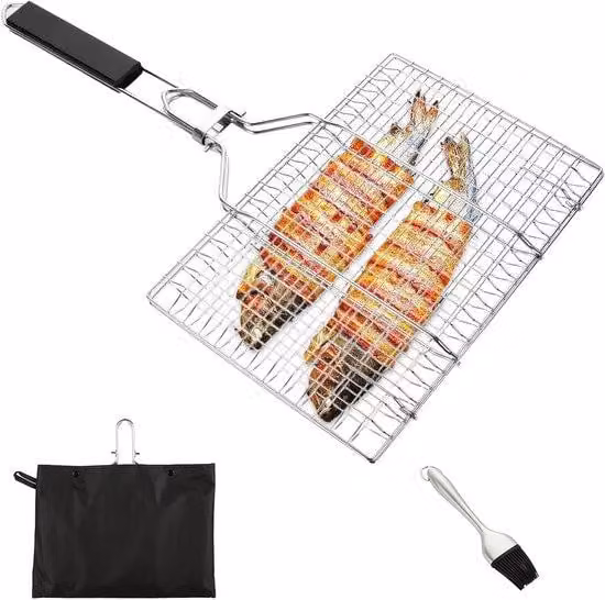 Supporto in acciaio inossidabile per barbecue da esterno, griglia con manico e spazzola in silicone, tavolo pieghevole per barbecue 35 x 22 cm