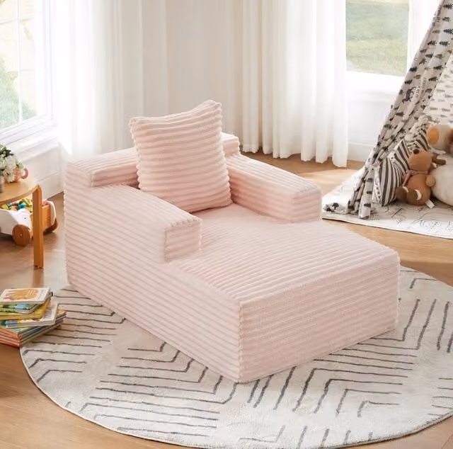 Divano chaise longue ULEVR in velluto a coste rosa, imbottitura in schiuma e molle insacchettate, senza montaggio