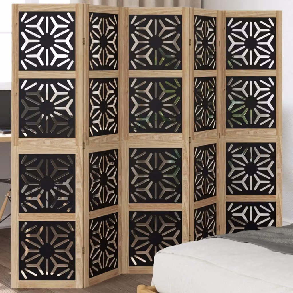Divisorio Ambienti vidaXL in Legno di Paulownia con 5 Pannelli Geometrici, Marrone e Nero, H 180 x L 160 cm