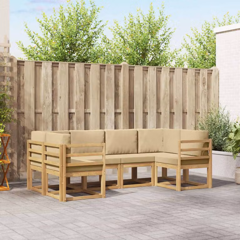 Set di divani da esterno vidaXL a forma di L composto da 6 pezzi in legno di acacia con cuscini, Bianco e Beige