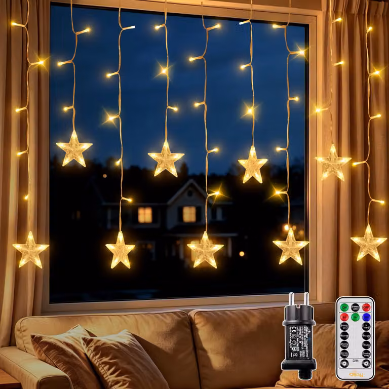 Tenda luminosa a forma di stelle, 3 metri, 144 LED, luce bianco caldo, dimmerabile, grado di protezione IP44
