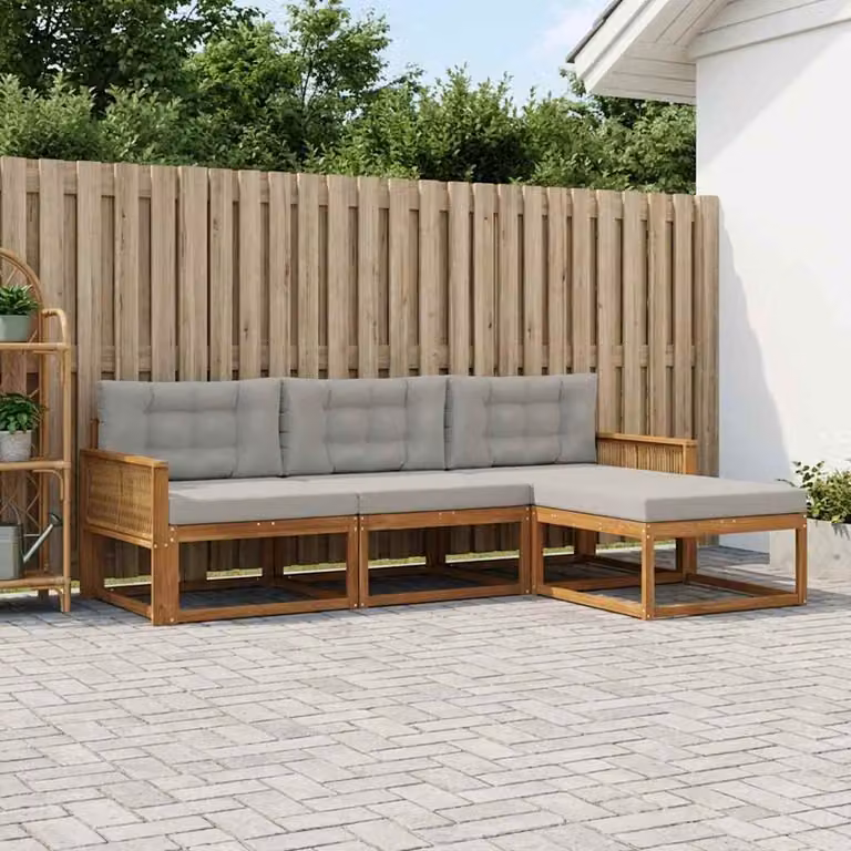 Set di divani da esterno vidaXL 4 pezzi in legno di acacia con cuscini, composizione a L con pouf, colore marrone e grigio chiaro