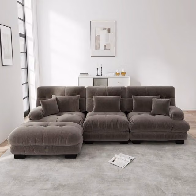 Divano angolare modulare con ottomane; chenille marrone