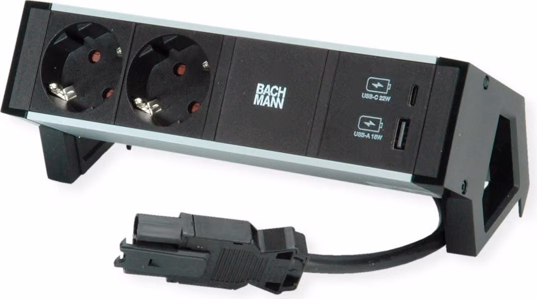 BACHMANN DESK2 ALU NERO 2xprotettivo USB, Caricatore USB 22W A&C 0,2m GST18