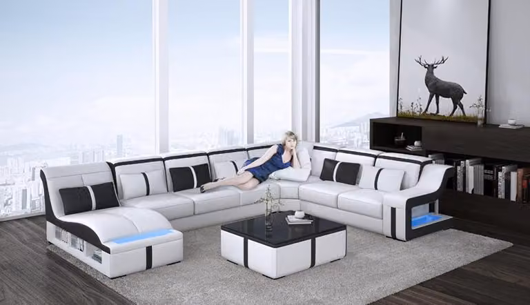 Design Ecksofa U-Form Beleuchtet Couch Leder Sofa Wohnlandschaft LED