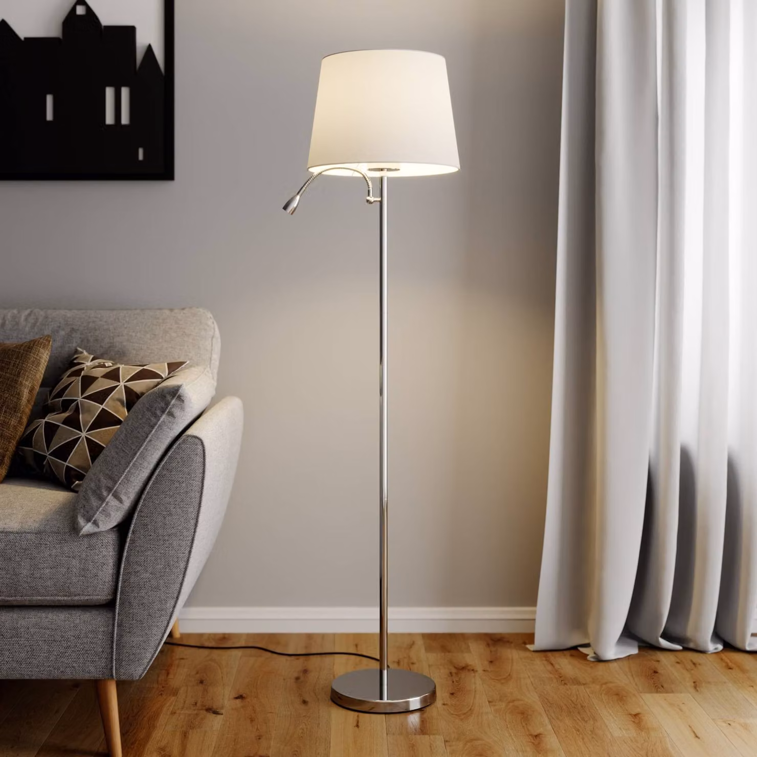 Lampada da terra Benjiro Lindby, Bianco / Opale, Soggiorno / Sala da pranzo, Tessuto / Stoffa / Seta, Moderno, Lampada da terra