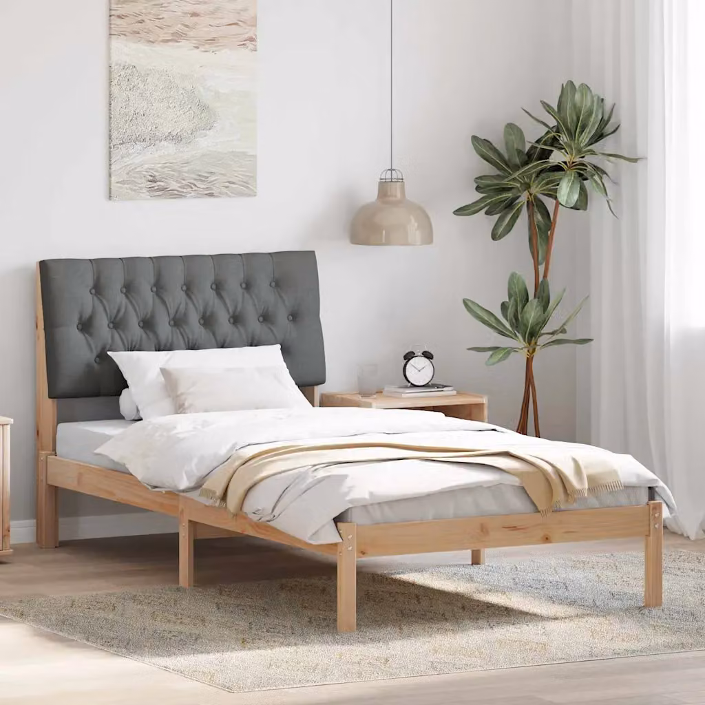 Letto con testiera rivestita vidaXL in legno di pino e tessuto, Marrone e Grigio, 100 x 200 cm