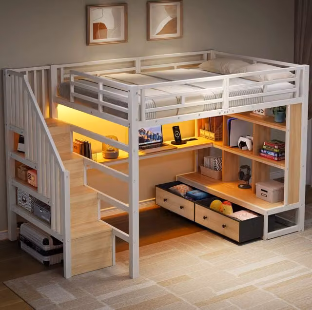 Letto a soppalco in metallo 140x200 cm con scrivania, scaffali e due cassetti integrati, scala contenitore, colore bianco