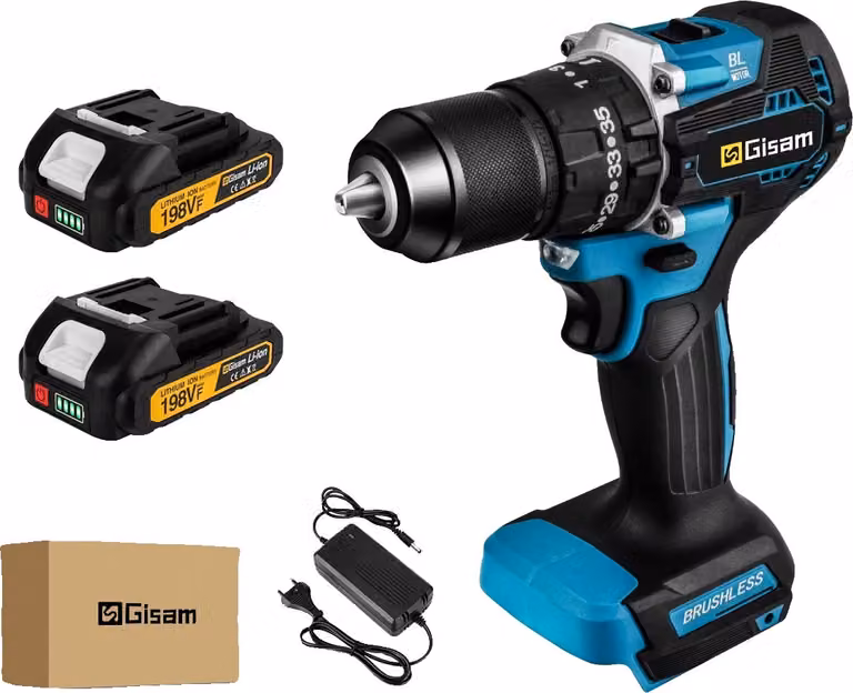 Trapano elettrico, coppia 65 Nm, motore brushless, 2 batterie