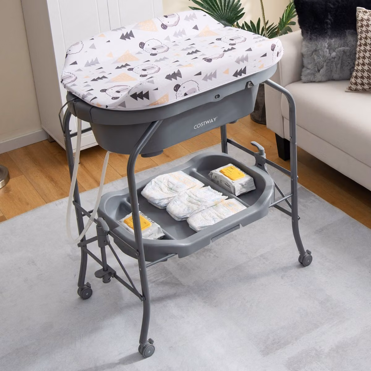 Costway Fasciatoio pieghevole con vaschetta da bagno e materassino in PVC per neonati, Grigio – 3