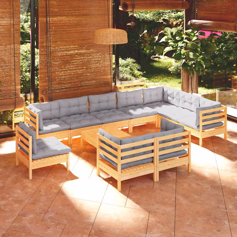 Set di divani da giardino vidaXL in legno massello di pino con cuscini grigi, 11 pezzi, design moderno a forma di L