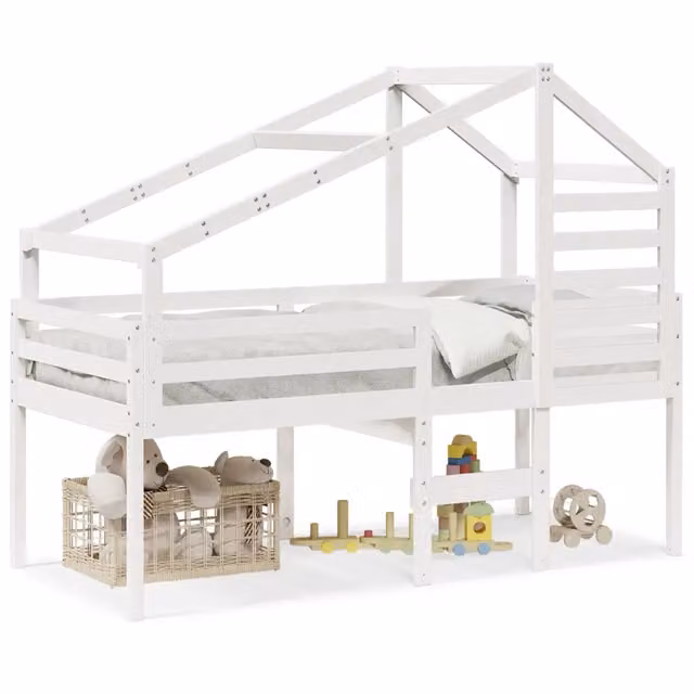 Letto singolo | Letto per adulti | Letto a Soppalco con Tetto Bianco 90x200 cm in Legno di Pino