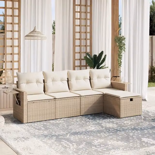 Set Divano da Giardino a L vidaXL in Polyrattan con Cuscini Beige e Struttura in Acciaio, 5 Pezzi