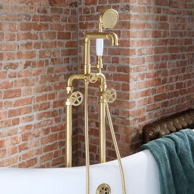 Miscelatore in Stile Industriale per Vasca Freestanding con Doccetta - Oro Satinato