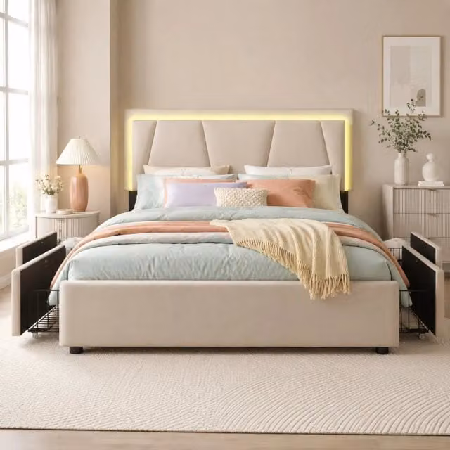Letto REDOM Beige con testiera regolabile, illuminazione LED sottostante e 4 cassetti, L/P/H: 140 x 200 x 103 cm – 1