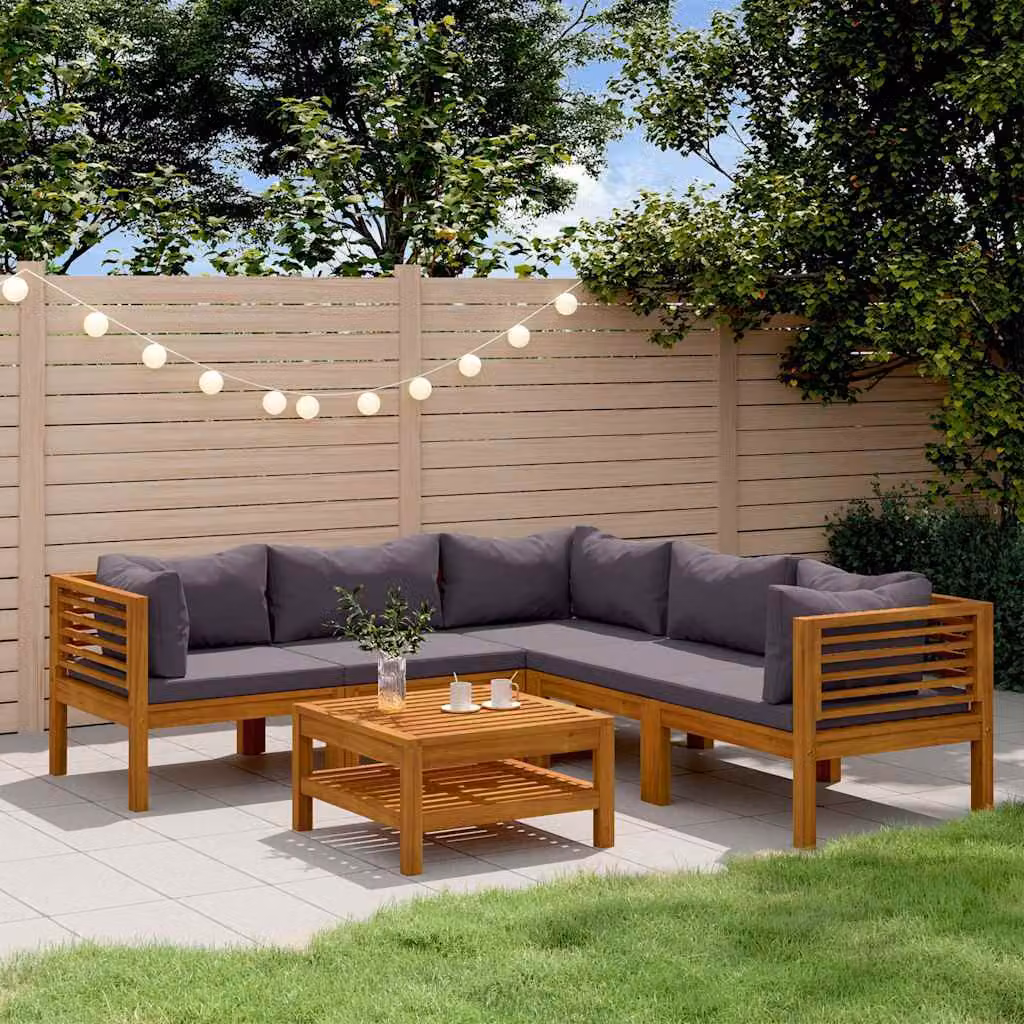 Set Divano da Giardino a L vidaXL in Legno di Acacia con Cuscini Grigi e Tavolino da 6 Pezzi