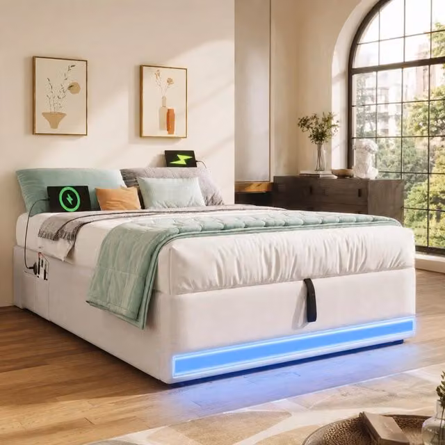 Letto singolo imbottito 90 × 200 cm in lino beige con LED USB Type C tasche laterali e contenitore idraulico