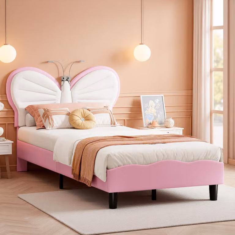 UnboxG Lettino 90x200 cm Bianco-Rosa Finto cuoio con motivo a farfalla, regolabile in altezza, 2 lampade da lettura a LED