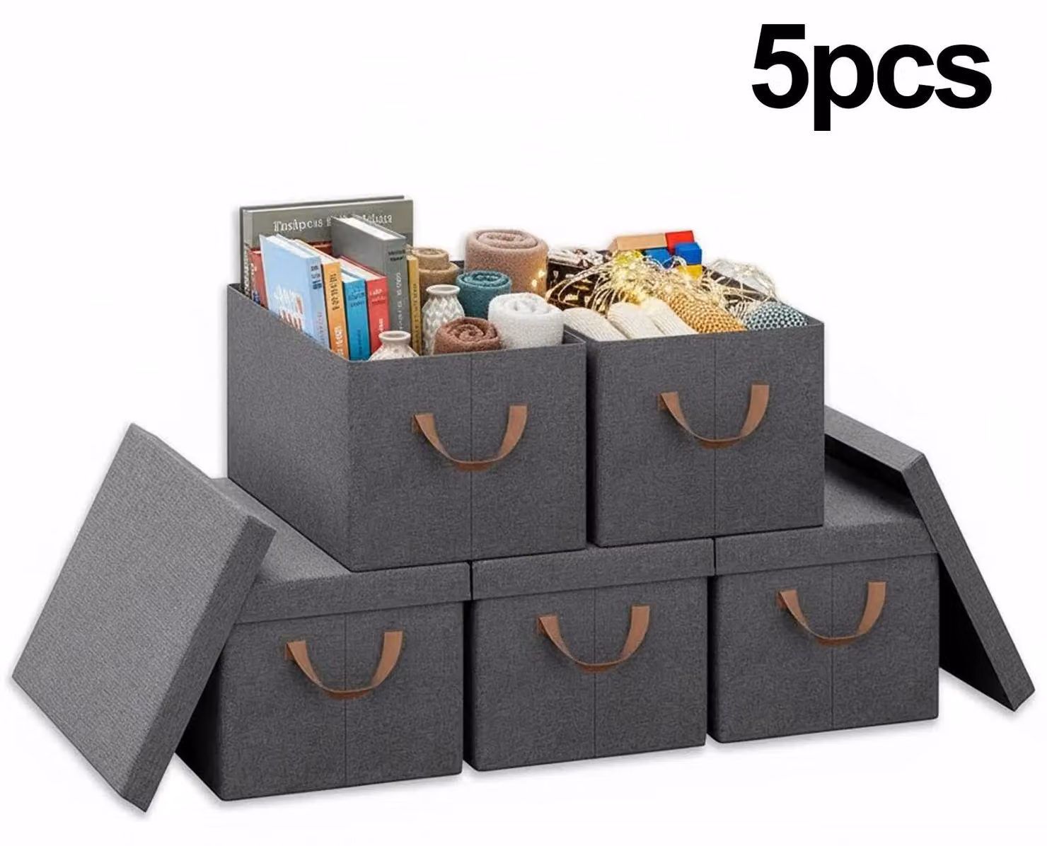 Scatole di stoccaggio con coperchio - Set pieghevole da 5 pezzi - Colore: nero - Con maniglie - Materiale: tessuto non tessuto - Struttura: metallo - Riutilizzabili