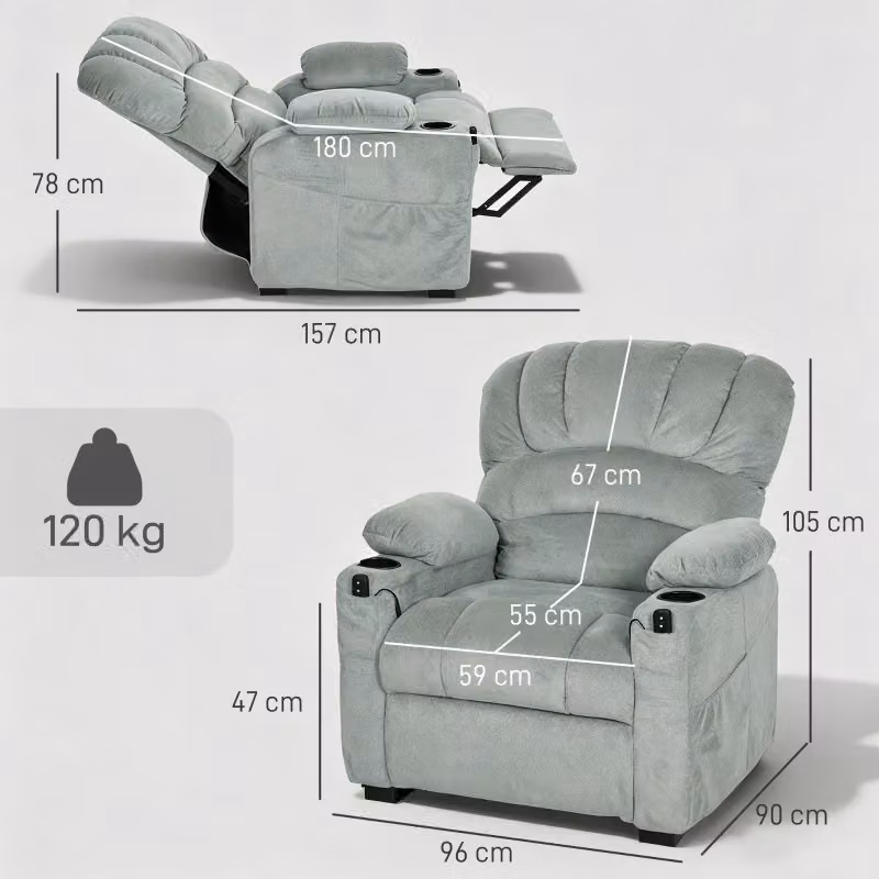 Poltrona relax reclinabile elettrica MIVRAY grigia in tessuto con poggiapiedi e struttura in metallo – 2