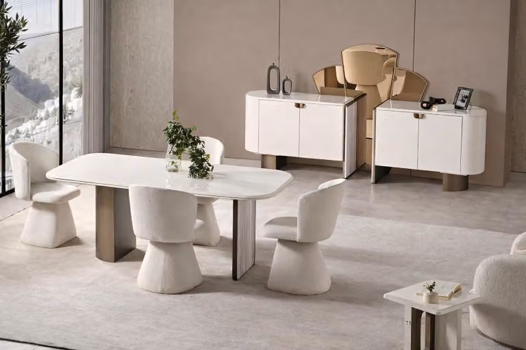 Set moderno per sala da pranzo, composto da tavolo, 4 sedie, credenza e specchio