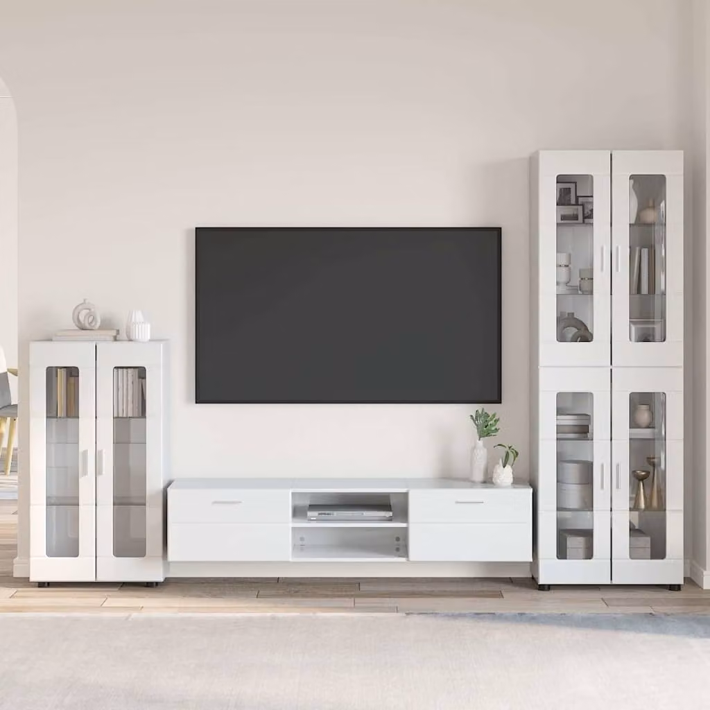 Set mobile TV moderno vidaXL FLORIN in 3 pezzi Bianco Lucido in legno MDF per soggiorno o camera da letto L: 150 cm, P: 39 cm, H: 30 cm – 1
