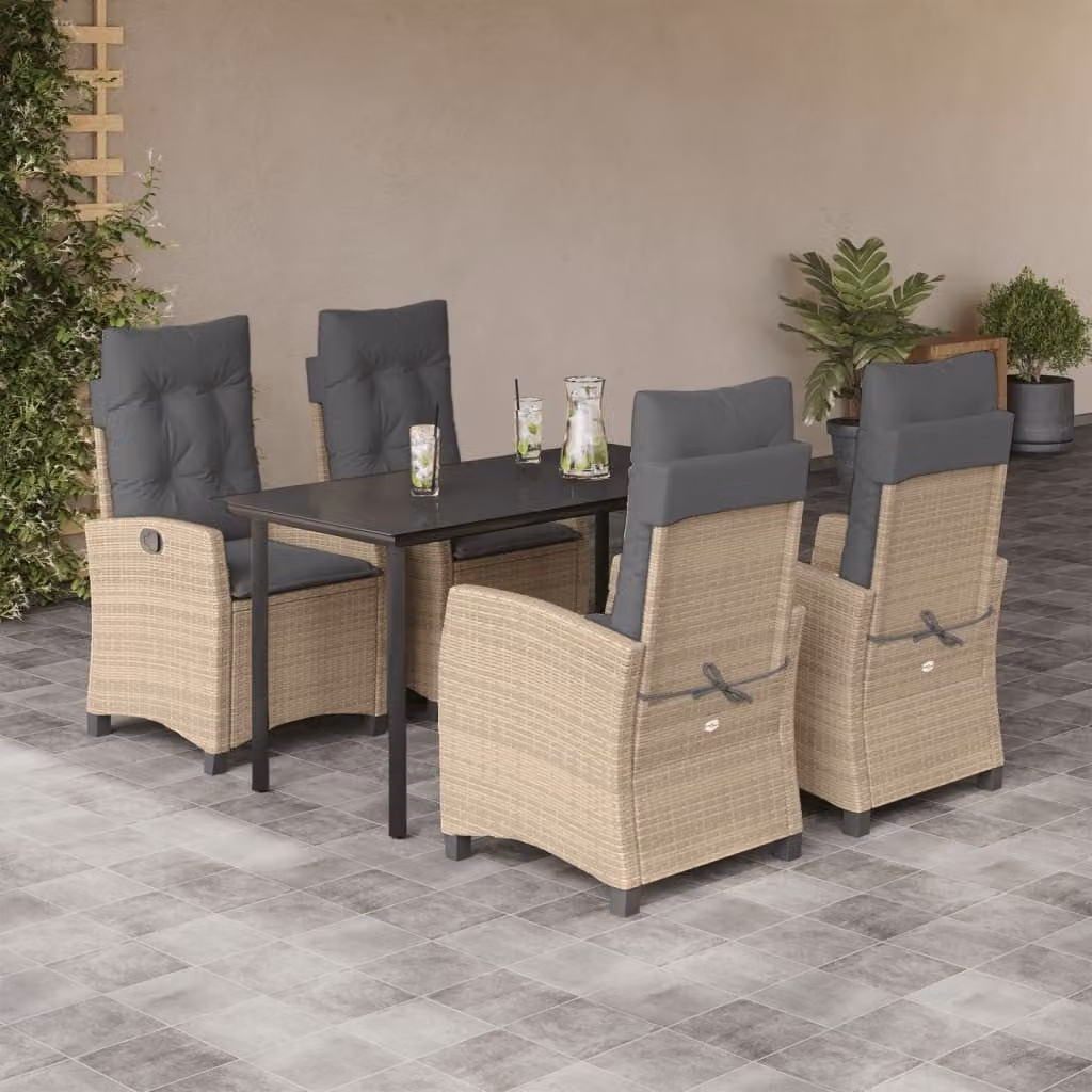 Set Pranzo da Giardino vidaXL in Polyrattan con Cuscini Beige Misto e Tavolo in Vetro 5 pz – 1