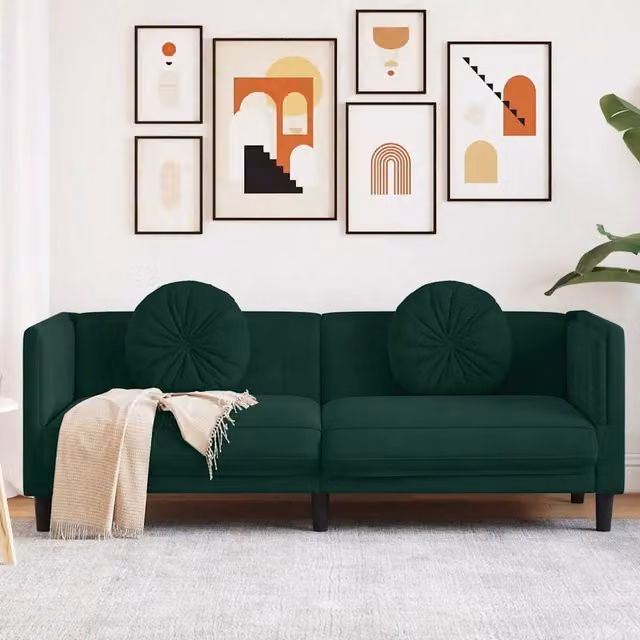 Divano a 3 Posti con Cuscini-Sofa 3 Posti con Cuscini Verde Scuro in Velluto