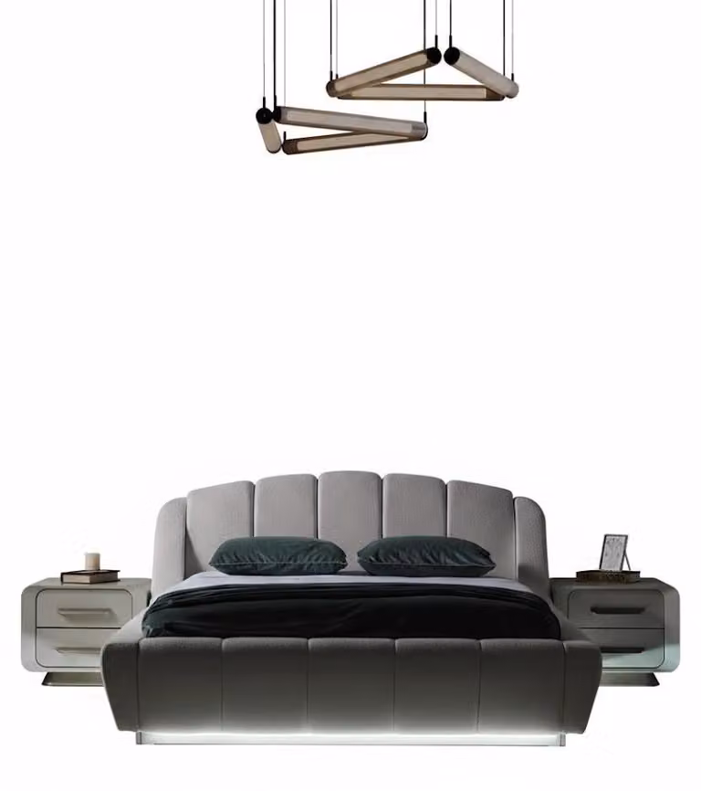 Set per camera da letto: comodini, letto, colore bianco e grigio, stile moderno, struttura in legno