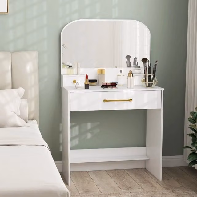 Toeletta Mivray con specchio e 3 cassetti in legno bianco per camera da letto L: 80 cm, P: 40 cm, H: 135 cm