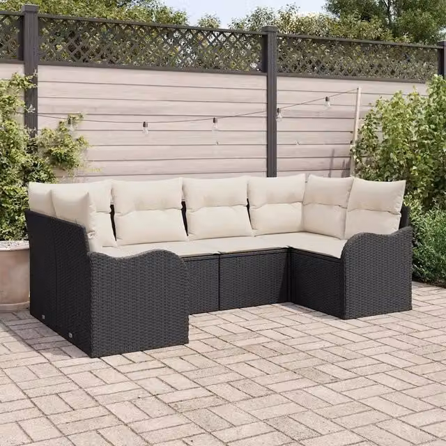 Set Divano da Giardino a L vidaXL in Rattan e Metallo con Cuscini, 6 Pezzi, Nero e Bianco