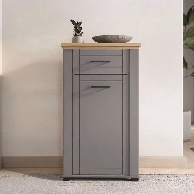 Mobile da ingresso DMORA Rogeno in legno rovere grigio e marrone con cassetti e ripiani interni L/P/H: 61 x 41 x 105 cm