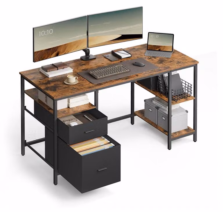 Scrivania per computer con 3 ripiani e 2 cassetti, colore marrone scuro/nero, dimensioni 60x140x76 cm