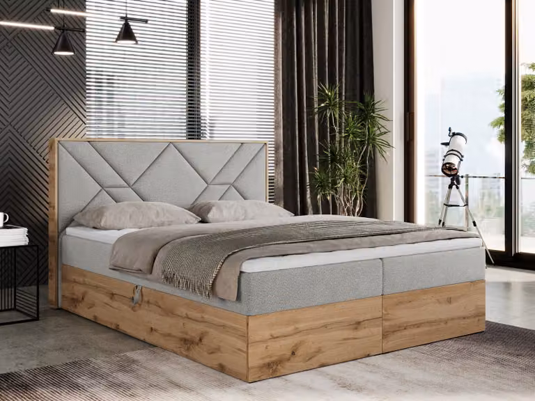 Letto boxspring 180x200 con contenitore, letto imbottito 180x200 con materasso H4, letto boxspring 180x200 con testiera, letto boxspring in legno massello - Gunar - Grigio chiaro strutturato - H4