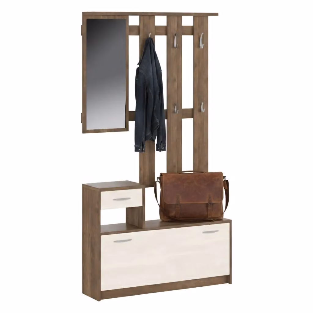 Mobile da ingresso moderno DMORA con specchio e scarpiera, Bianco e Quercia, L: 100 cm, P: 25,5 cm, H: 190 cm – 2
